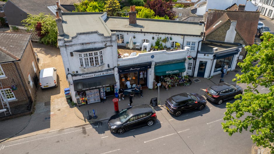 An aerial view of a small shopping street featuring a white building housing Thames Food & Wine with a black sign, adjacent to a store with a green awning displaying flowers. In front, three black car