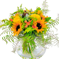 Sun-drenched and full of life, this bouquet is a vibrant tribute to Hounslow's energetic spirit. At its core are large, radiant sunflowers, each one a miniature sun with plush brown centers and bold rings of yellow-orange petals, capturing the exuberance of summer afternoons near Hounslow Central. Spiraling yellow garden roses nestle amongst them, their tightly coiled blooms providing a sense of luxury and timeless beauty. Glossy clusters of red Hypericum berries punctuate the arrangement, weaving pops of vibrant colour through a backdrop of lush greenery and giving the feeling of laughter bubbling through a joyful gathering. Cascades of feathery ferns and fine, goldenrod filler lend texture and movement, echoing the wildness found along the edges of Hanworth Park. Hints of bluish eucalyptus leaves peek through, infusing the bouquet with delicacy and balance. All are gracefully set in a round, transparent vase, the submerged stems forming a living sculpture that celebrates freshness. The arrangement's scent is fresh and lightly floral, evoking open meadows and sunlit gardens, perfect for marking special occasions or simply bringing a ray of light into any Hounslow home. Every detail-down to the carefully curated mixture of petals and leaves-shows the care and expertise of Flowers Hounslow's passionate florists.